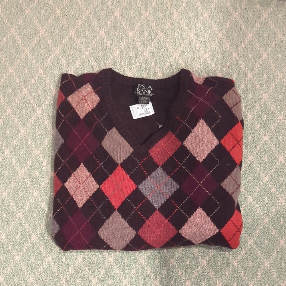 Jos. A. Bank Men's V-Neck Argyle Sweater - Black, Red, Gray XXL